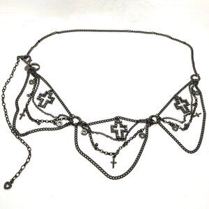 EXPRESS GUNMETAL CHAIN Belt Cross Charms Rhinestones Goth Layered Jewelry